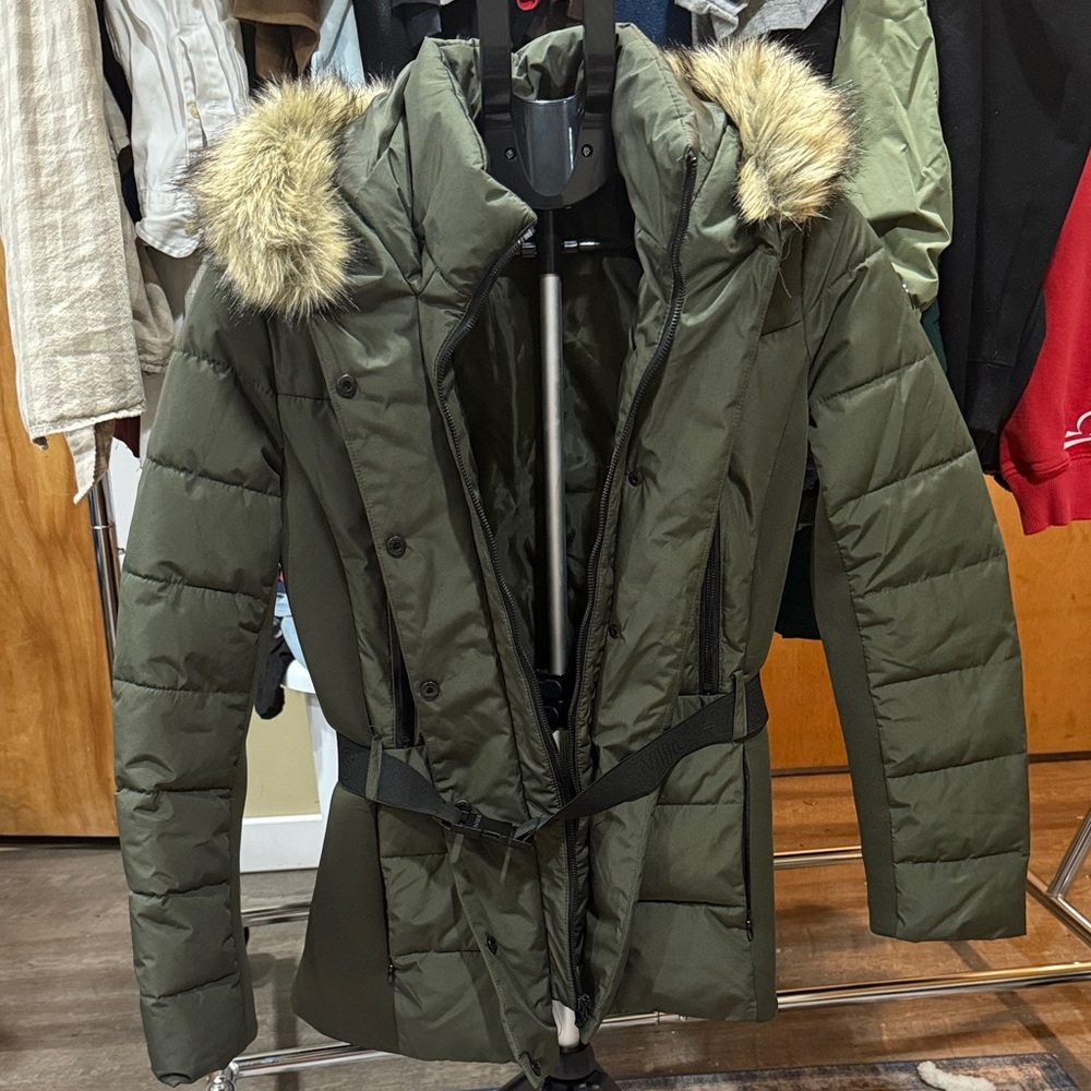 Women's Belted Hooded Faux-Fur-Trim Puffer Coat